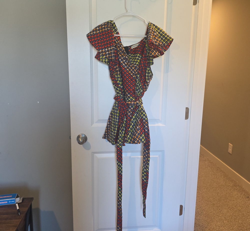 Women’s Multicolor African Print Blouse with Self-Tie Waist